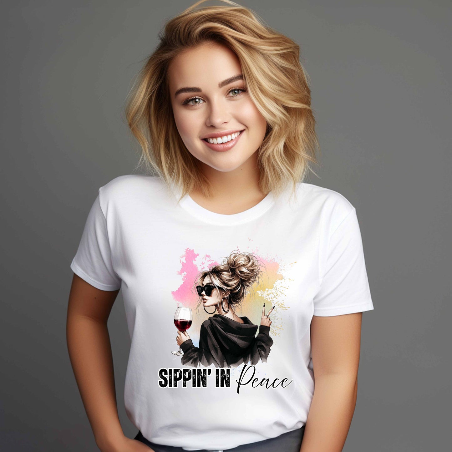 Sippin’ in Peace Wine Shirt – Funny Wine Lover Graphic Tee – Girls’ Night T-Shirt – Relaxed Casual Streetwear – Gift for Women Who Love Wine