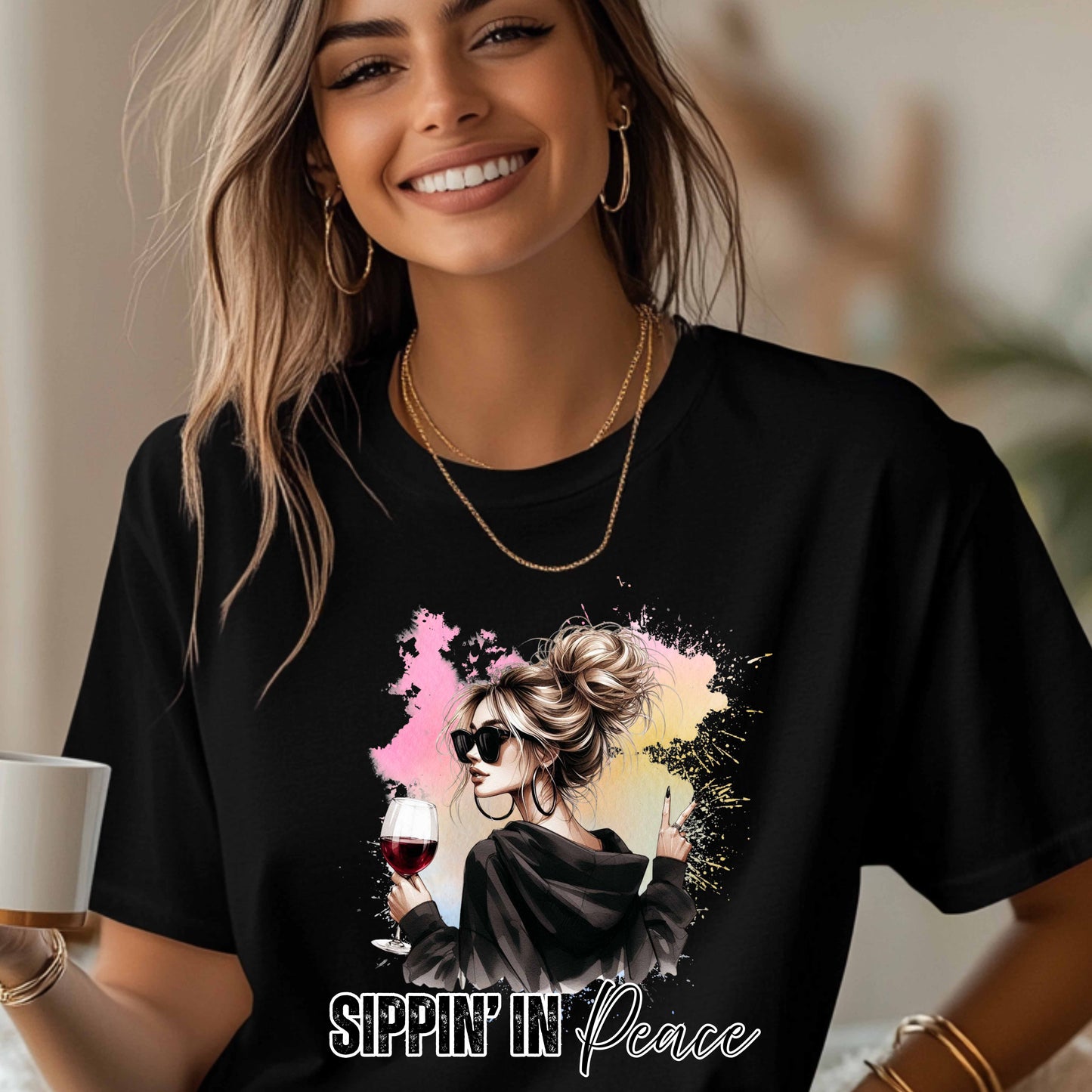 Sippin’ in Peace Wine Shirt – Funny Wine Lover Graphic Tee – Girls’ Night T-Shirt – Relaxed Casual Streetwear – Gift for Women Who Love Wine